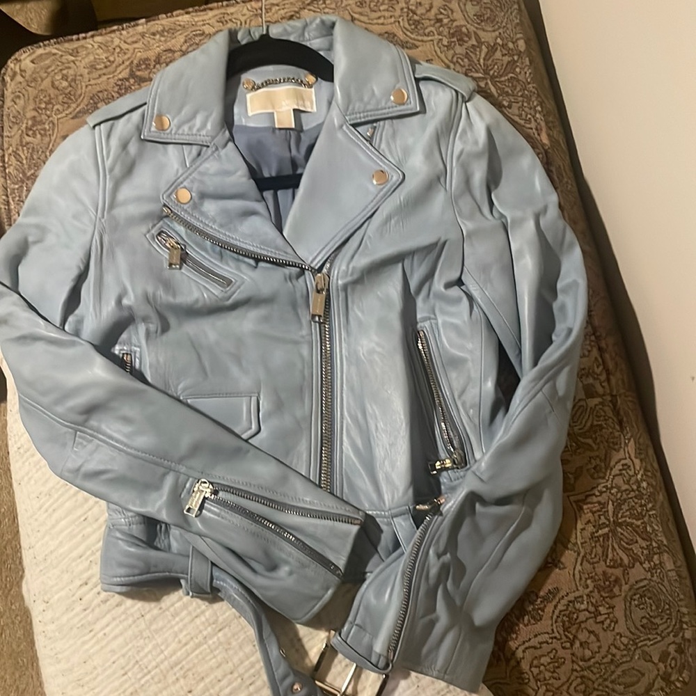 Michael Kors light blue leather jacket